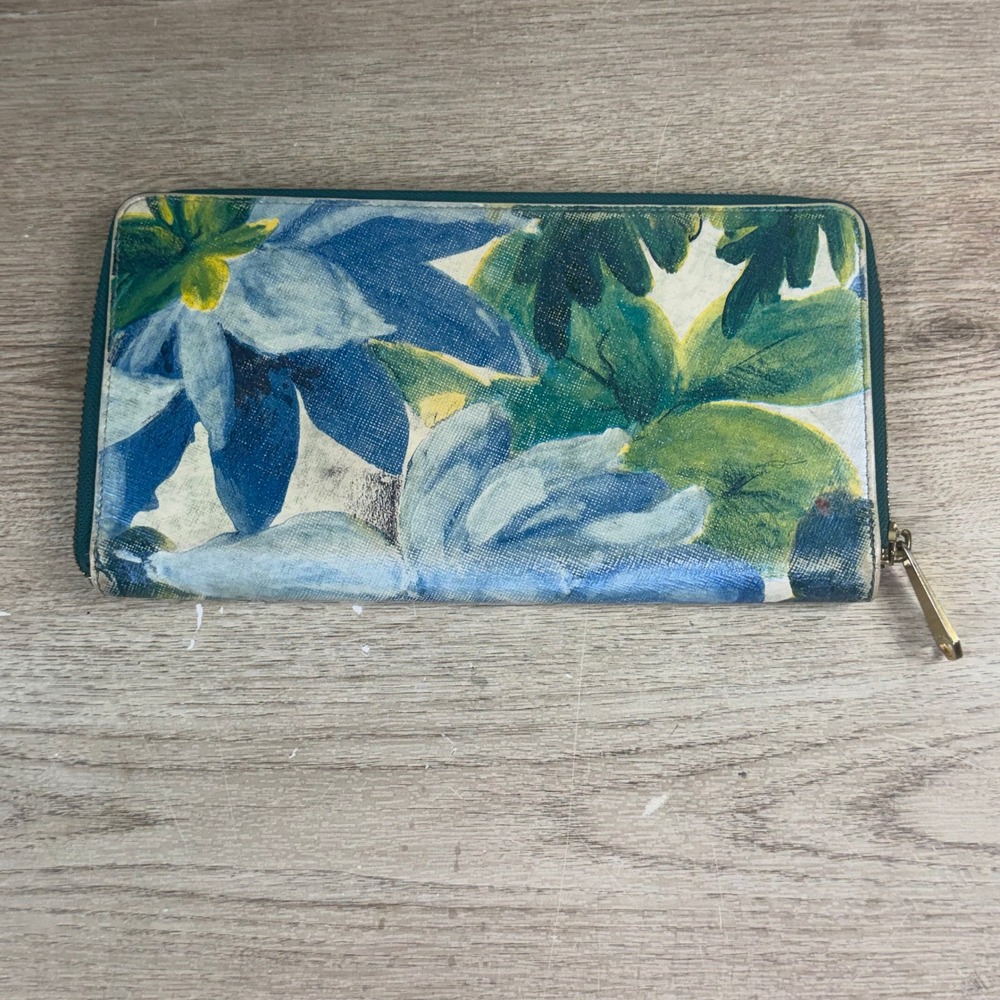 Brahmin Wallet Floral Print Zip Around Leather Blue Green Womens One Size